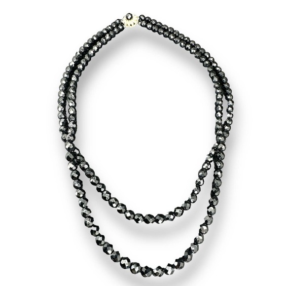 VTG Black Faceted Glass Layered Necklace Round Open Box Clasp Rhinestones - Picture 5 of 9